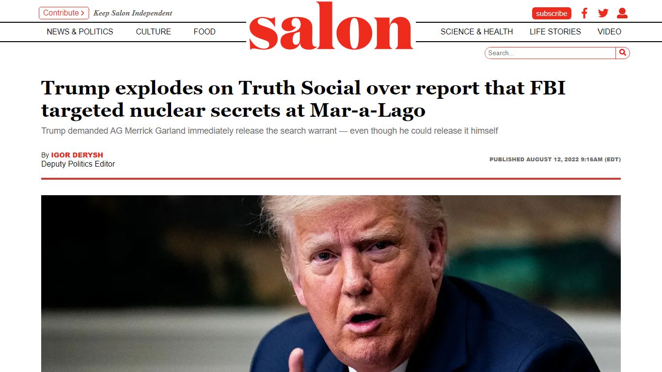 Trump explodes on Truth Social over report that FBI targeted nuclear ...